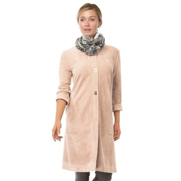 Gretchen Scott Long Faux Suede Bonnie Coat Overcoat Latte Tan Twist Lock Gold S - Picture 4 of 16